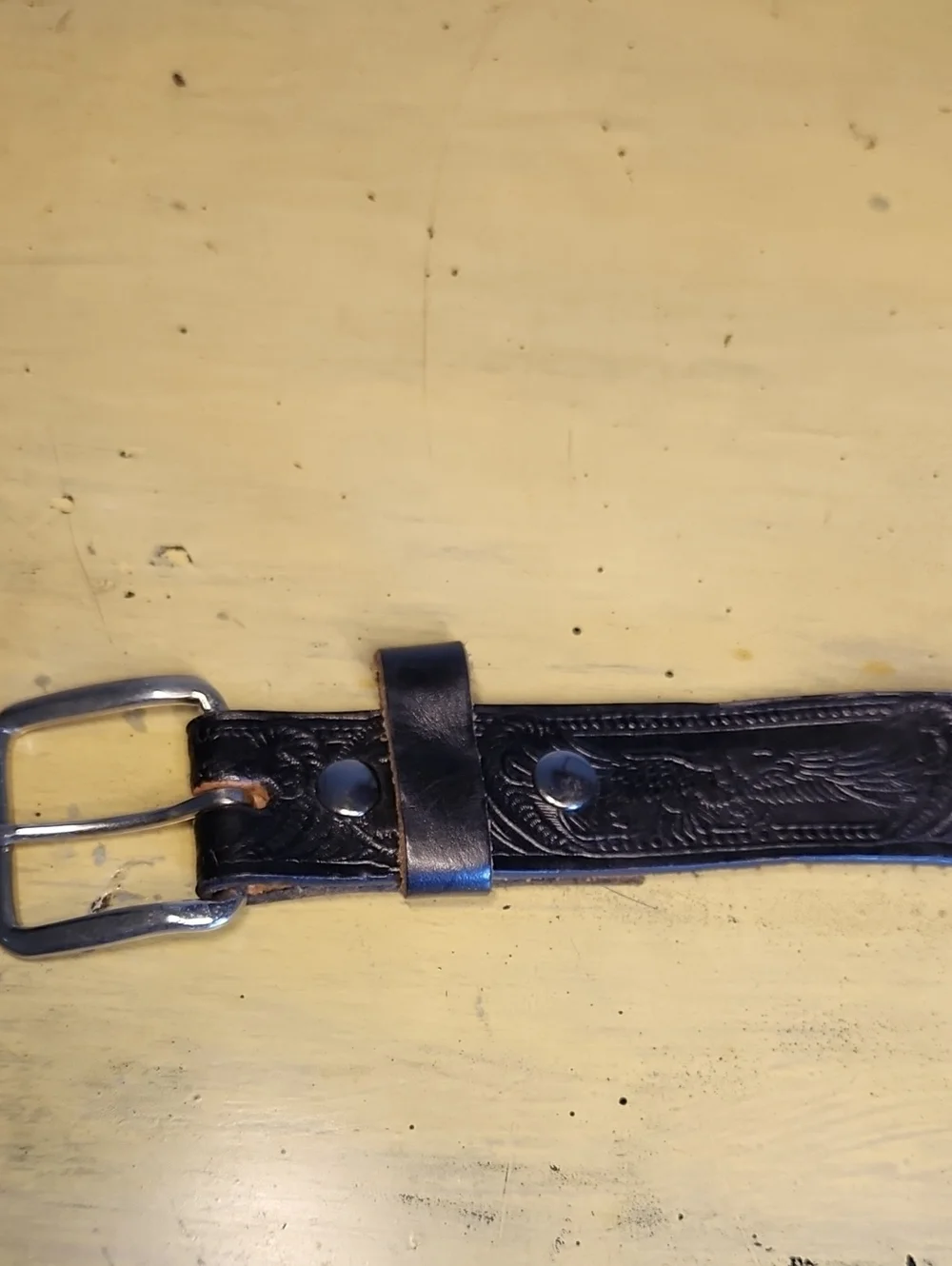 Vintage Harley Davidson Black Tooled Leather Biker Belt Sz 44 HD
